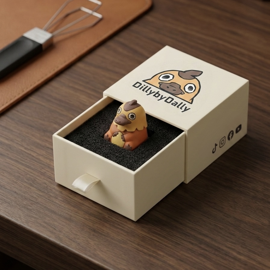 A small cartoon platypus keycap sits inside an open cream-colored presentation box on a dark wood tabletop. The lid shows the printed brand name 'DillybyDally' with a Dilly the platypus face, and the box is placed next to a brown leather tool pad with a metal keycap puller.