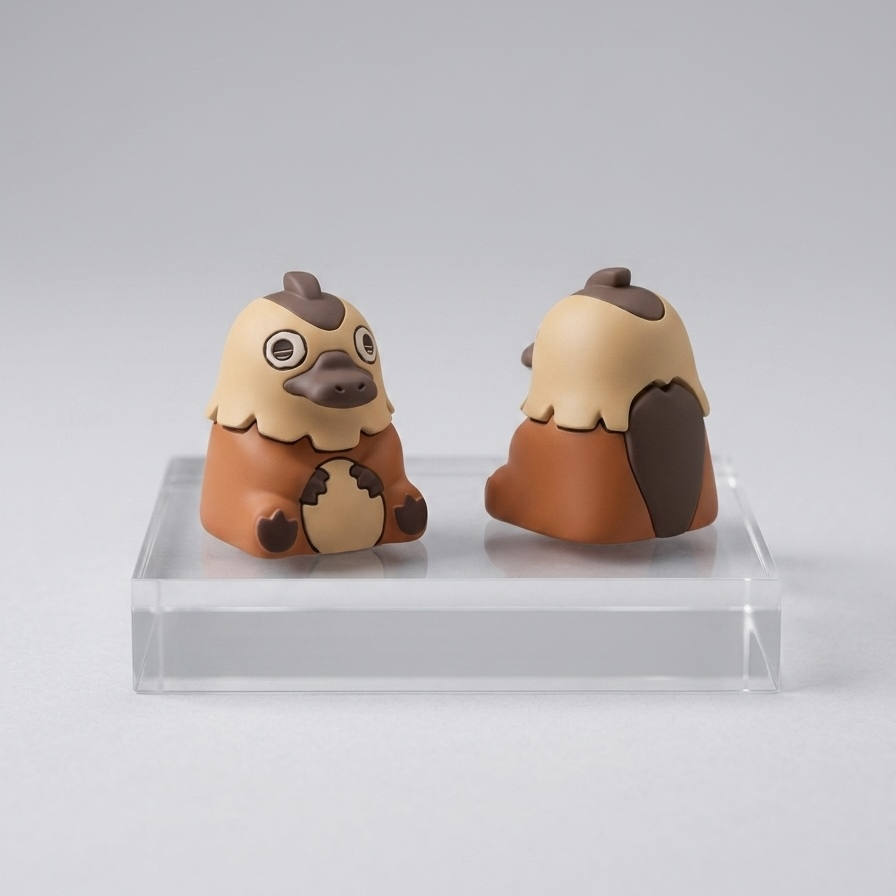 Two small cartoon Dilly the platypus keycaps with beige and brown bodies, displayed side by side on a clear acrylic block against a light gray studio background.